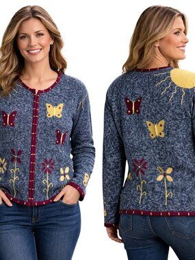 Christopher & Banks Womens Medium Embroidered Heavy Knit Cardigan Sweater 20" P2